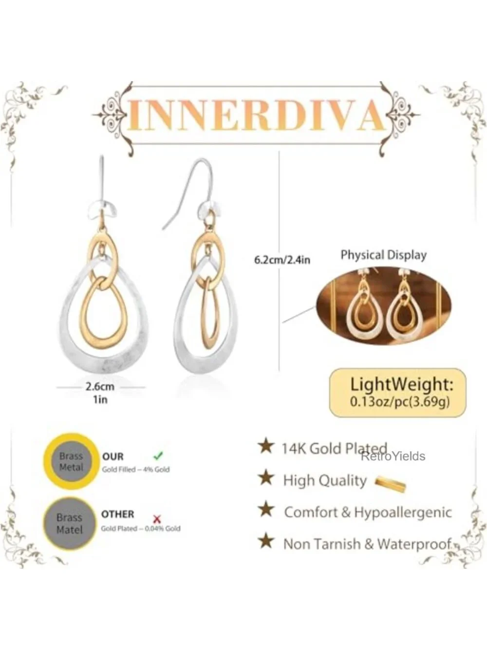 Antique Gold Hammered Disc Drop Earrings Boho Two Tone Dangle Jewelry Gift